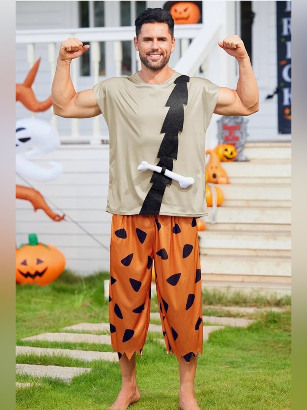 Bam Bam Rubble Costume Mens Large Flintstones Halloween Shirt Pants Bone Set NEW